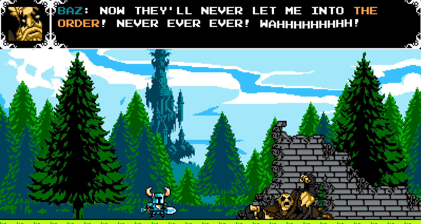 Shovel Knight's battle against Baz, one of the Wandering Travellers, might remind the player of Simon's Quest - Castlevania 2.